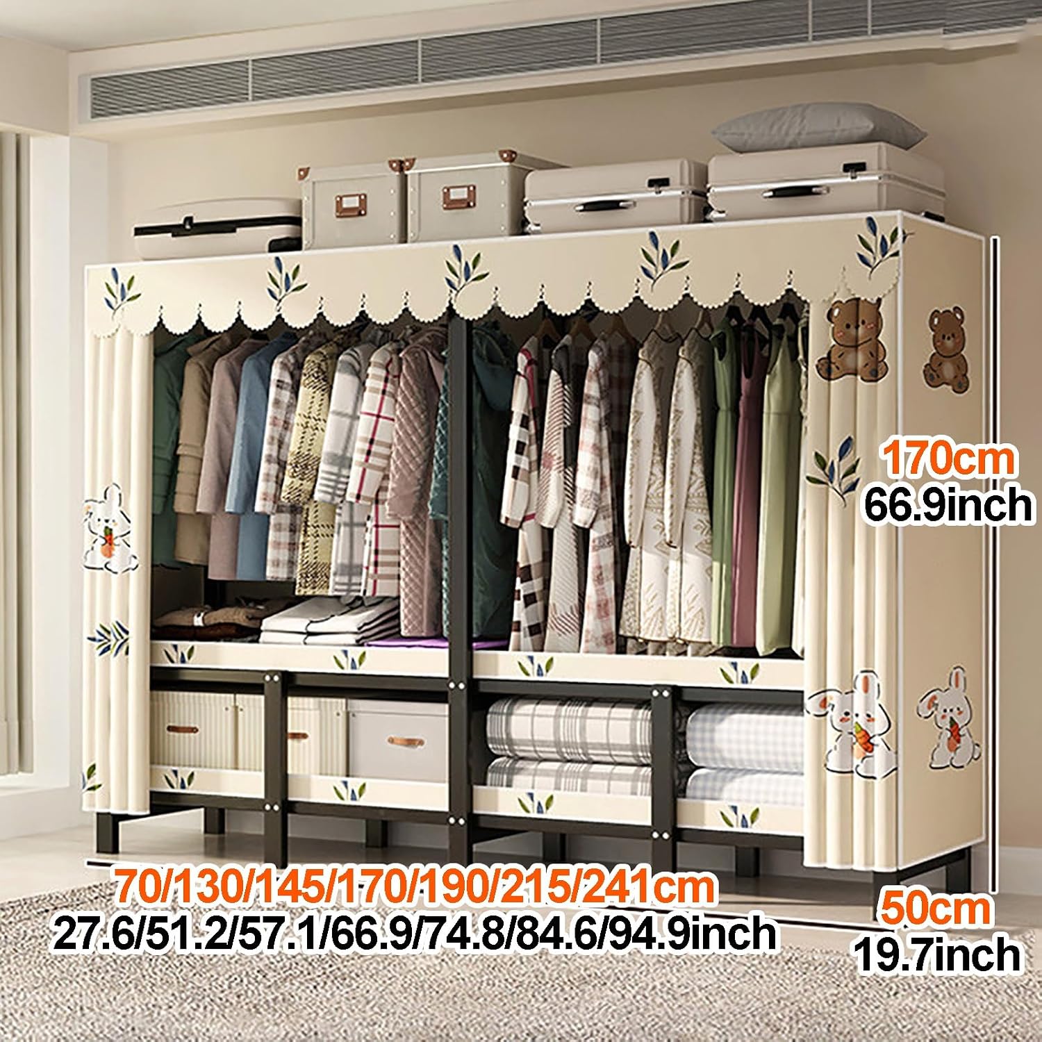 Foldable Closet Wardrobe, Heavy Duty Metal Clothing Rack, Portable Clothes Rack With Cover, Metal Closet Organizer, Armoire Storage Garment Racks For Hanging Clothes(70x170x50cm)