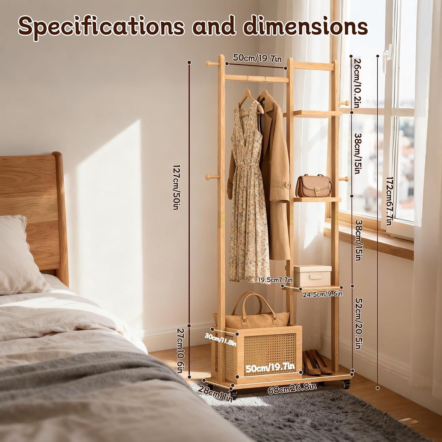 High-Grade Rubber Wood Coat Rack, Easy To Assemble, with Four Partitions, Storage Baskets, Four Side Hooks, Mobile Rollers, Multifunctional Coat Rack Suitable for Bedroom, Living Room, Entrance Office