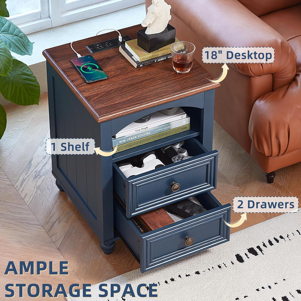 RWYHG 18' Farmhouse Night Stand Set of 2 with Charging Station, Wood Blue Nightstand with 2 Drawers, Bedside End Table with Shelf Storage, Bed Side Tables for Bedroom, Living Room, and Closet