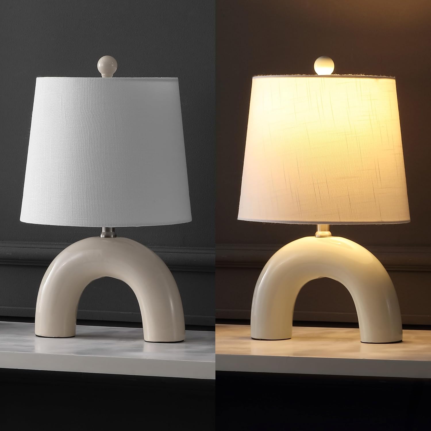 JONATHAN Y 17.75' Almond Modern Ceramic Arch Table Lamp Set of 2 for Bedroom, Scandinavian Minimalist Bedside Lamps with White Linen Shade, LED Bulbs Included JYL5503A-SET2
