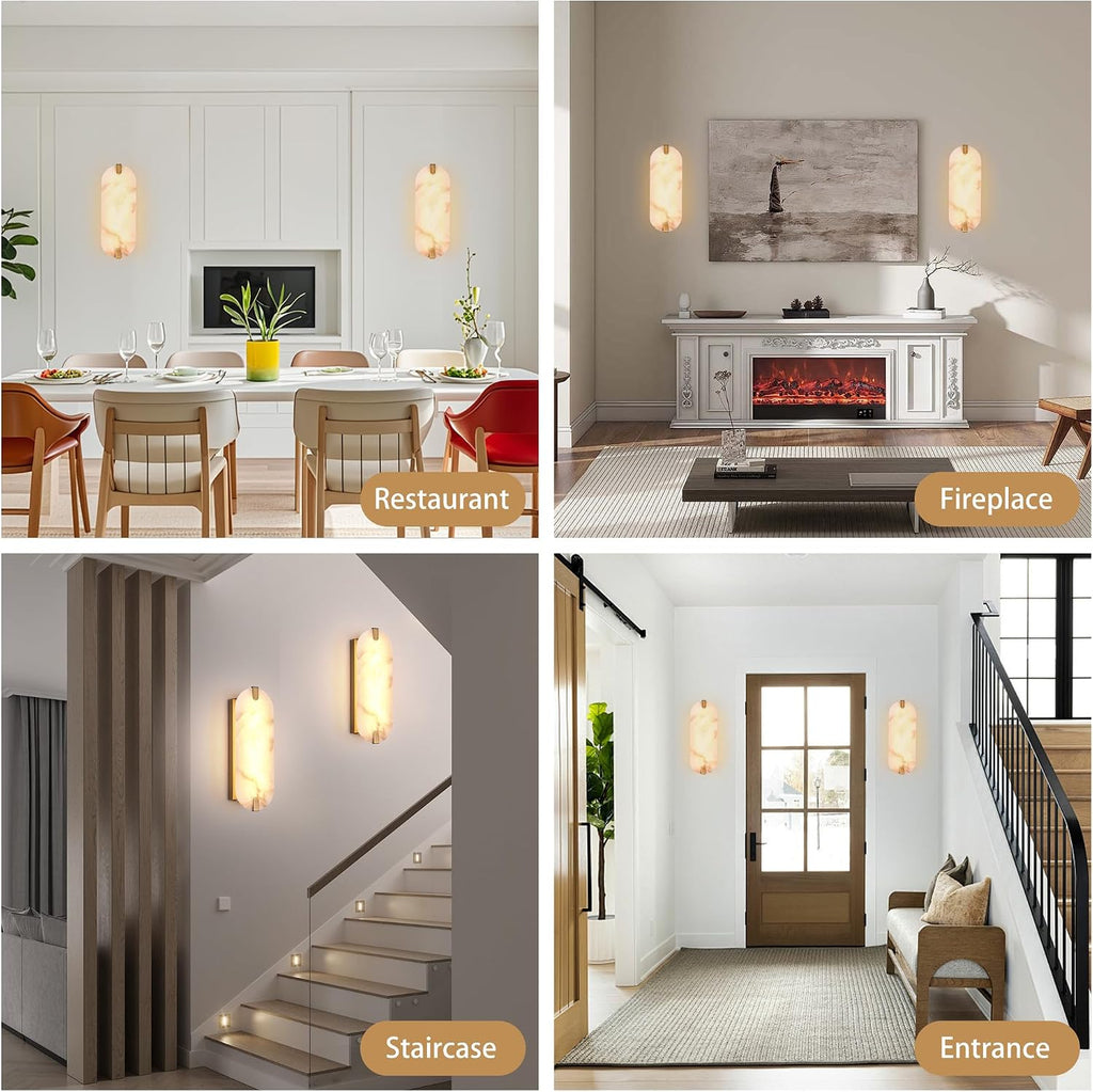 14.17in Alabaster Wall Sconces, Natural Marble Wall Light Set of Two, Modern LED Alabaster Sconces for Living Room Indoor Wall Lamps for Dining Room Stairs Bedroom,Brushed Gold