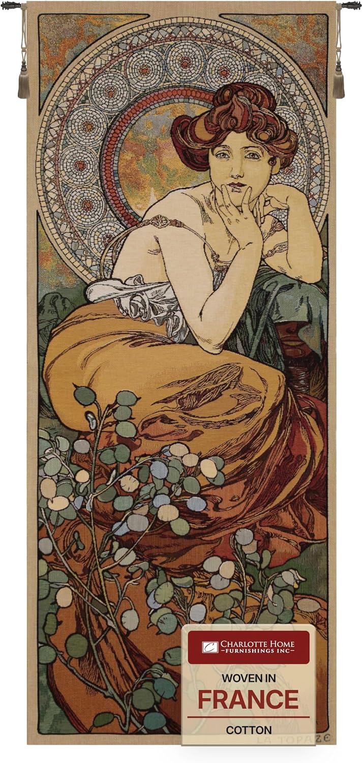 Charlotte Home Furnishings Inc - Mucha Topaze Stone Belgian Premium Tapestry Wall Hanging | 44x18 in Viscose Polyester Blend Boho Vintage Woven Wall Tapestry for Home & Wall Art by Alphonse Mucha