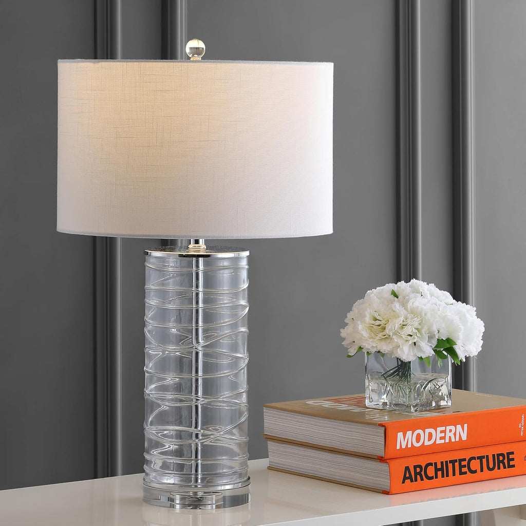 Eyely EYL4016B-SET2 Grace 27.5' Modern Fused Glass Cylinder LED Table Lamp for Reading Room, Living Room, Office, Bedroom, Transitional, Coastal, Glam, Clear (Set of 2)