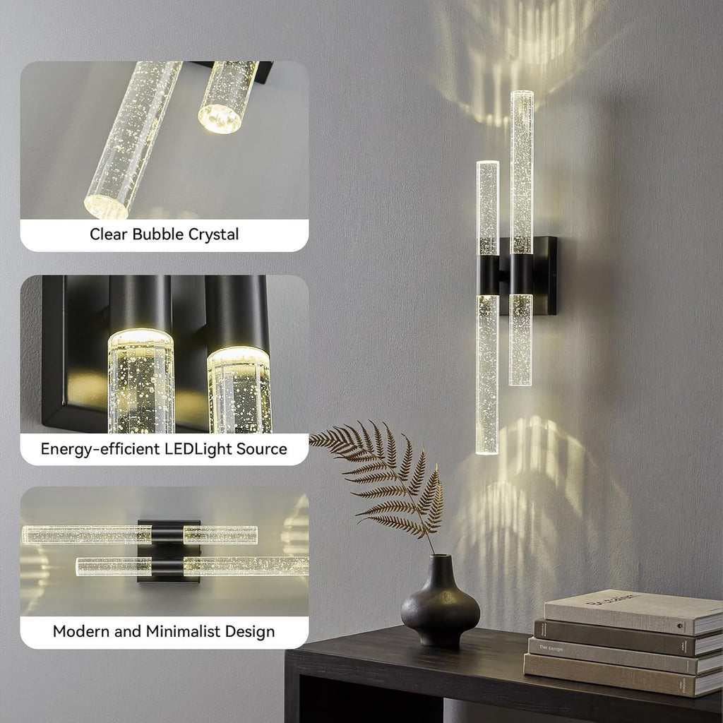 Crystal Wall Sconces Set of Two Black Wall Sconce Hardwired LED Bathroom Vanity Light Fixtures 21.25in 4000K Vertical and Horizontal Wall Mounted Sconces for Bedroom, Living Room, Hallway