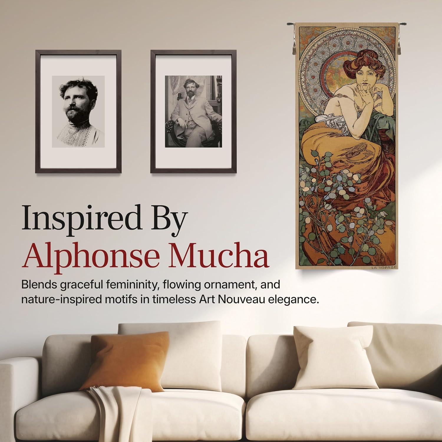 Charlotte Home Furnishings Inc - Mucha Topaze Stone Belgian Premium Tapestry Wall Hanging | 44x18 in Viscose Polyester Blend Boho Vintage Woven Wall Tapestry for Home & Wall Art by Alphonse Mucha