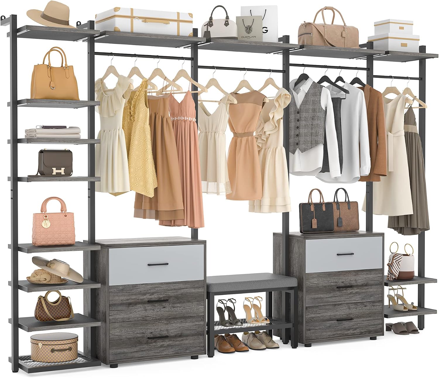 Aheaplus Clothing Rack Heavy Duty Closet Organizer for Hanging Clothes, Large Wall Mounted Garment Rack Clothes Rack with 6-Drawers for Wardrobe, Bedroom and as Walk-in Closet System, Grey Oak+Black