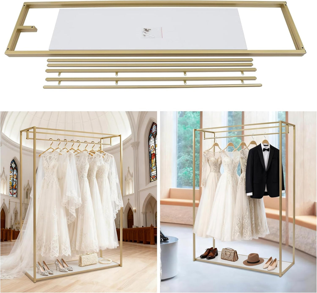 Retail Display Gold Clothing Racks with Shelves, Boutiques Garment Rack Wedding Dress Rack Heavy Duty Commercial Floor Standing for Clothing Store Studio,67 inch