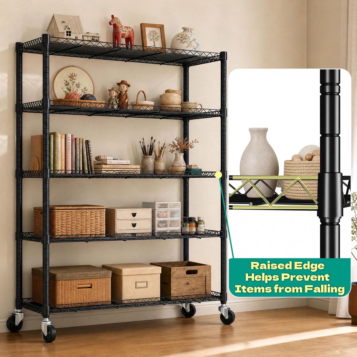 Wire Shelving Unit with 600D Oxford Cover, 36' W x 18' D x 72' H, 5-Tier Heavy Duty Rolling Shelf Rack on Wheels for Garage, Basement & Warehouse