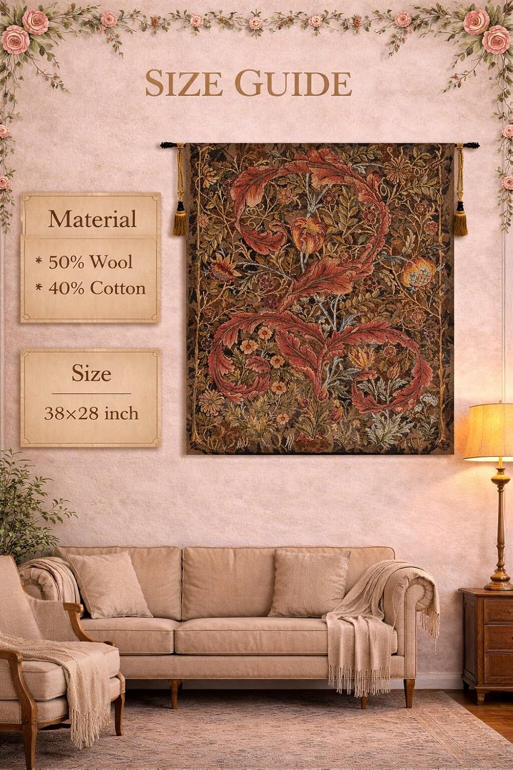 Charlotte Home Furnishings Inc French Boho Tapestry Wall Hanging 38 x 28 in, Acanthe Brown Aesthetic Woven Wall Art decor for Living Room Home Decor, European Cotton Jacquard Woven