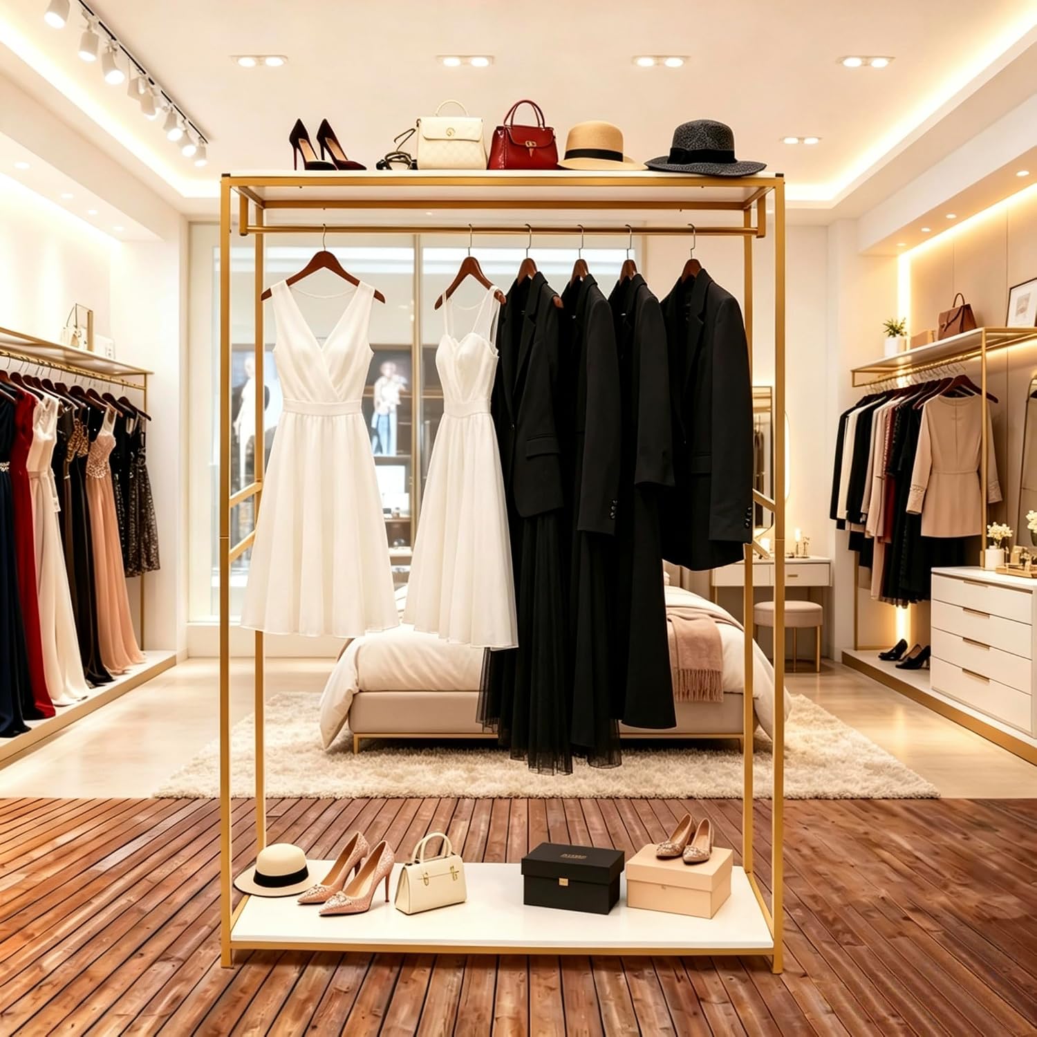 75' Tall Gold Clothing Garment Rack Boutique Retail Display Stand | W/ 2 Wood Shelf Clothes Wedding Dressr Racks for Hanging Long Dresses, Closet Wardrobe Shoes Bags Hats Clothes Organizer