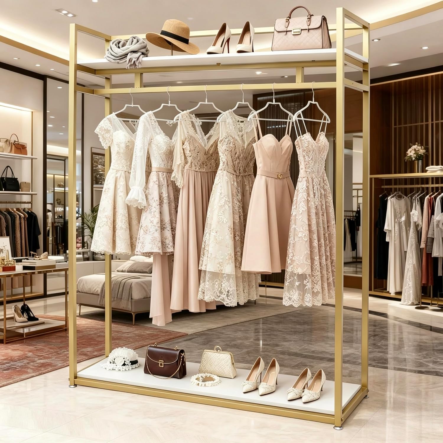 71' Tall Gold Clothing Racks Boutiques Retail Display Stand | Wedding Dress Rack Heavy Duty Garment Rack Standing Dress Racks for Hanging Long Dresses Clothes Shoes Bags Organizer