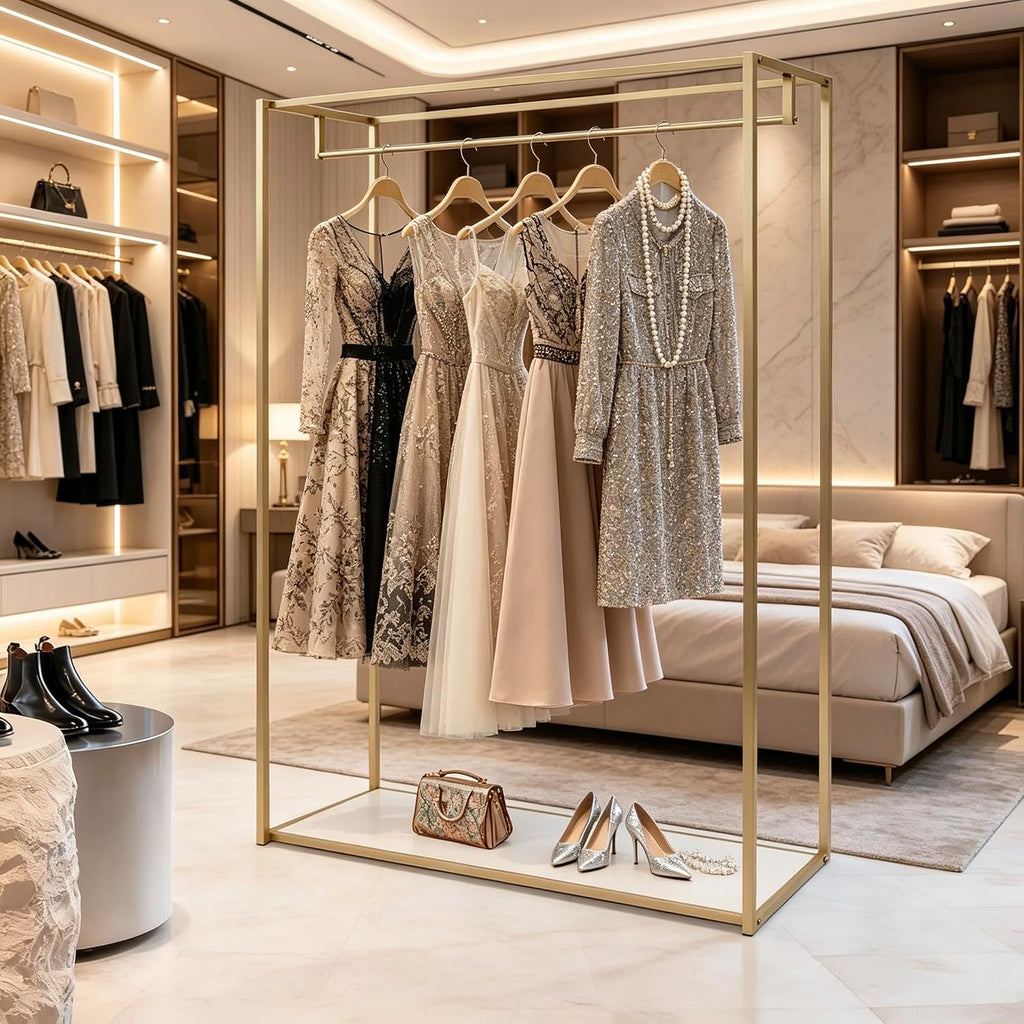 76' Tall Gold Clothing Garment Rack Boutique Retail Display Stand | Heavy Duty Clothes Wedding Dressr Racks for Hanging Long Dresses, Closet Wardrobe Shoes Bags Hats Clothes Organizer