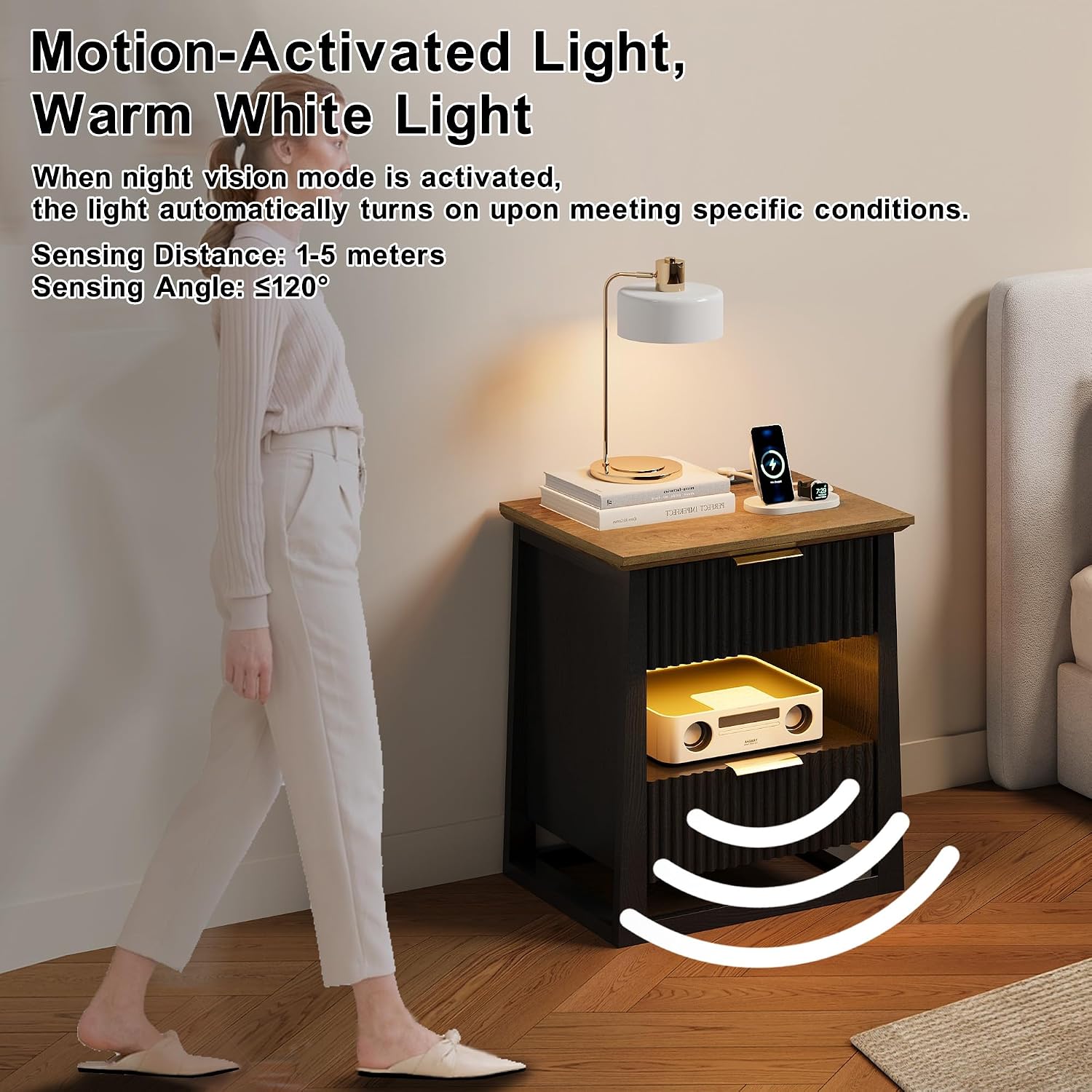 HIFYOBRO Fluted End Table Set of 2 with Charging Station and Motion Sensor Light, Modern Black Side Tables with 2 Drawers and Storage Shelf for Living Room, Bedroom, Guest Room