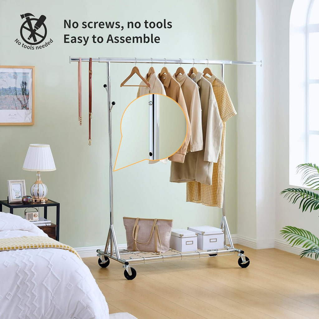 Clothes Rack Heavy Duty Clothing Rack 600LBS Rolling Clothes Racks for Hanging Clothes, Commercial Garment Rack Heavy Duty Clothes Rack Collapsible ＆ Portable Clothing Rack with Wheels