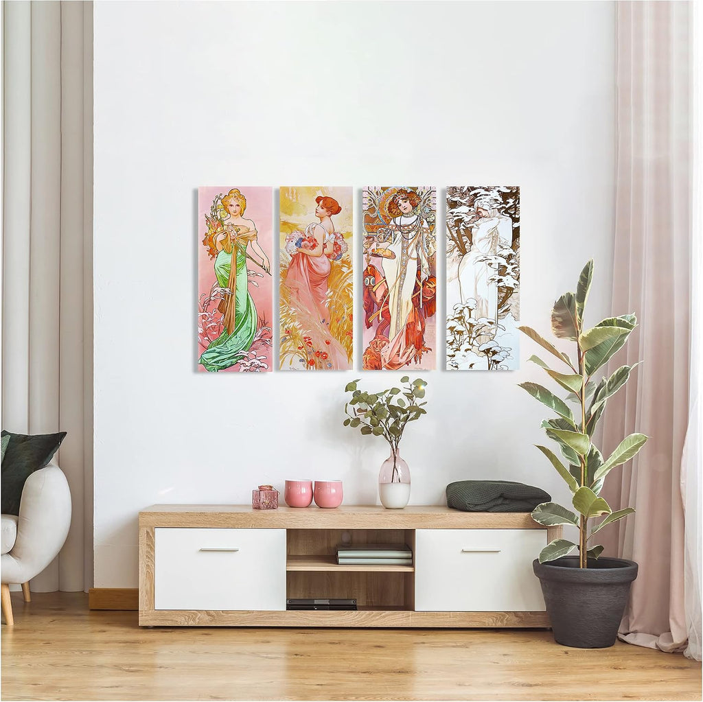 A&T ARTWORK The Seasons 1900 Spring Summer Autumn Winter by Alphonse Mucha 4 Panel wall art for Home Office Decorations Giclee Print On Canvas 30x12inch x4pcs (30x48inch)