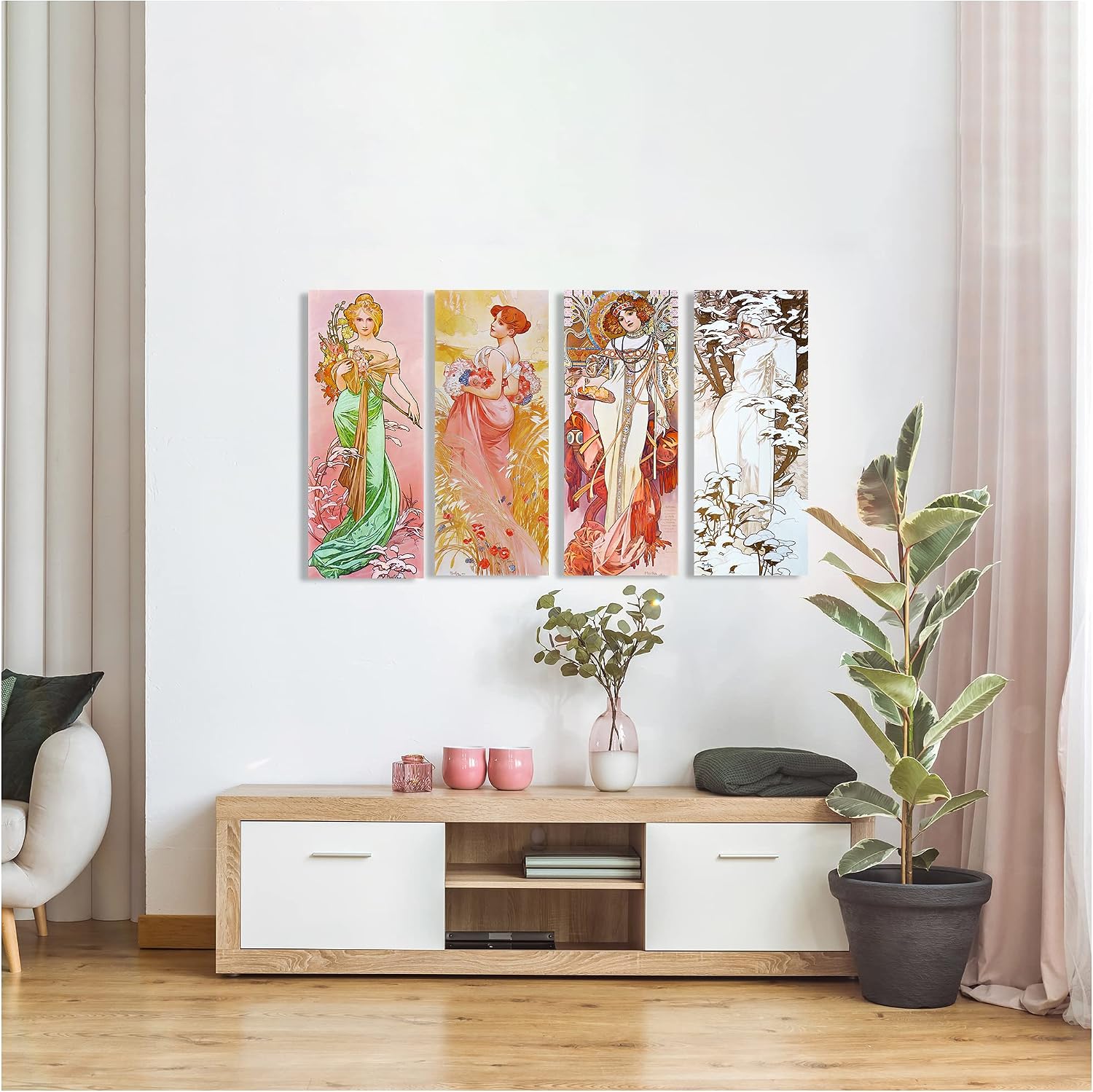 A&T ARTWORK The Seasons 1900 Spring Summer Autumn Winter by Alphonse Mucha 4 Panel wall art for Home Office Decorations Giclee Print On Canvas 30x12inch x4pcs (30x48inch)
