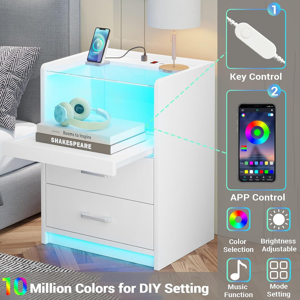 AOGLLATI LED Nightstand Set of 2 with Charging Station, Night Stand with Pull-Out Shelf, 2 Drawers, Bedside Table with LED Lights, Modern End Table with USB Ports Outlets, 2 Pack, White
