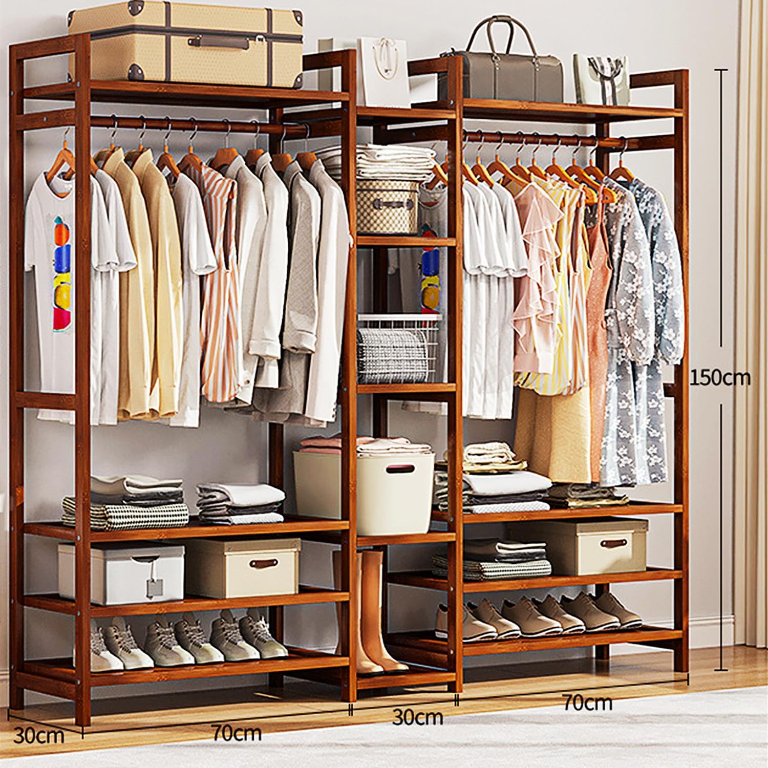 Heavy Duty Clothing Rack Bamboo Garment Rack for Hanging Clothes, Freestanding Clothes Racks with Storage Shelves, Portable Wardrobe Closet Organizer for Entryway and Bedroom, Brown,170cm