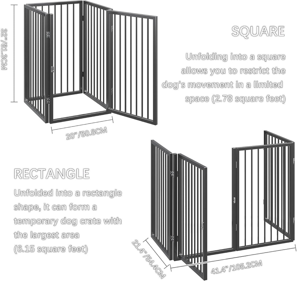 Vantas Folding No-Assembly Metal Pet Gate 80' Wide, 32' Extra Tall Dog Gate with Door Walk Through, Freestanding Accordion Puppy Gate Dog Door for Indoor & Outdoor, with 2PCS Support - Black