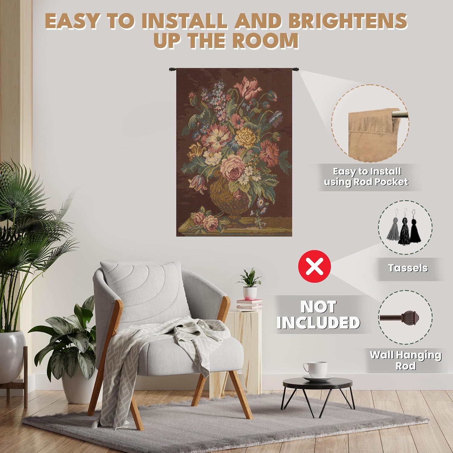 Charlotte Home Furnishings Italian Tapestry Wall Hanging 26x 18 in Vase with Flowers Brown Floral Tapestry for Bedroom Aesthetic Living Room and Home Decor European Soft Cotton Jacquard Woven