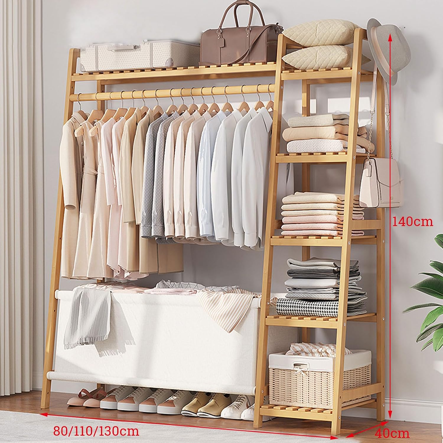 Free Standing Clothing Hanging Stand Bamboo Garment Rack with Storage Shelf, Hanging Rail and Side Hooks, Open Wardrobe Closet Tidy Rail for Clothes Hats Bags