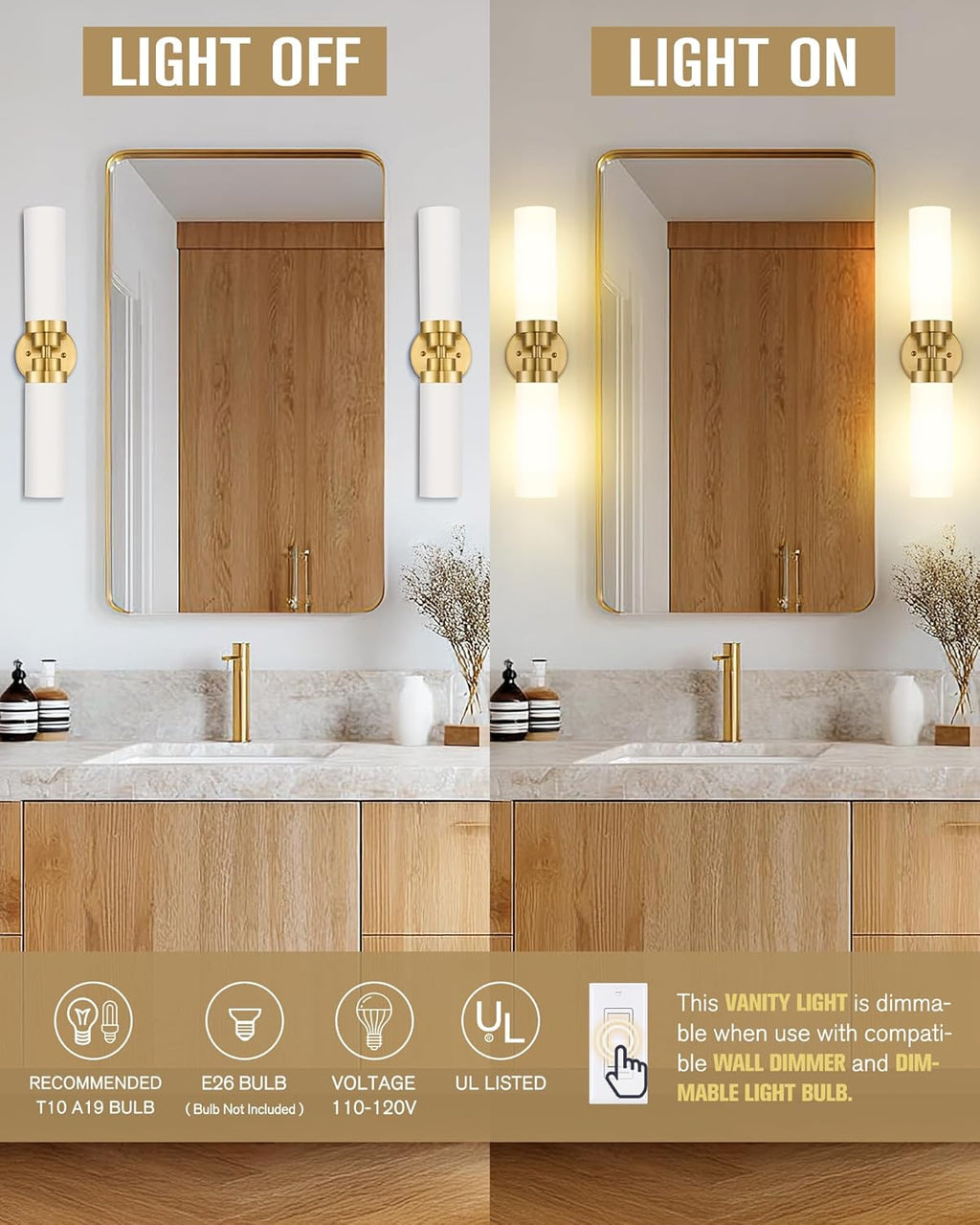 Emak 2 Pack Brushed Gold Bathroom Light Fixtures, 2 Light Bathroom Vanity Light with Milk Glass Shade, 22 Inch Modern Wall Sconce for Bath, Mirror, VL085-BGD-ML-2-PK