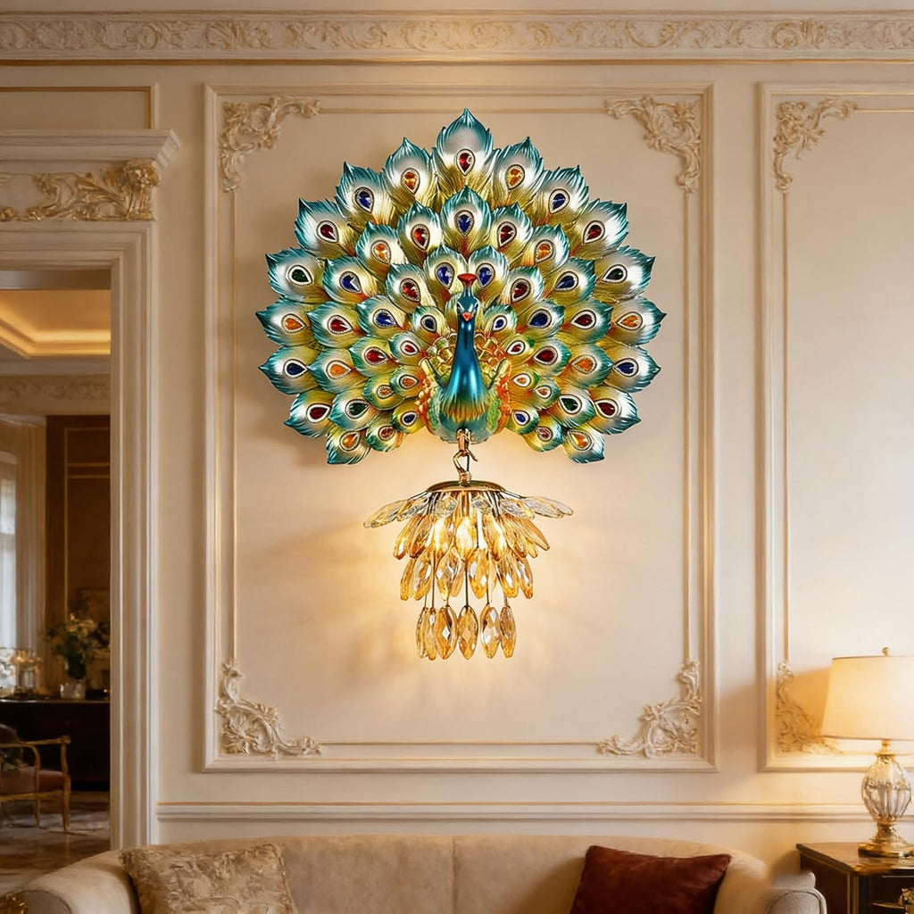 Modern Large Wall Sconce Crystal Glass Wall Mouunt Light Blue Resin Peacock Decorative Light E26 15.7' Wall Light Fixture for Bedroom Living Room Dining Room Hallway