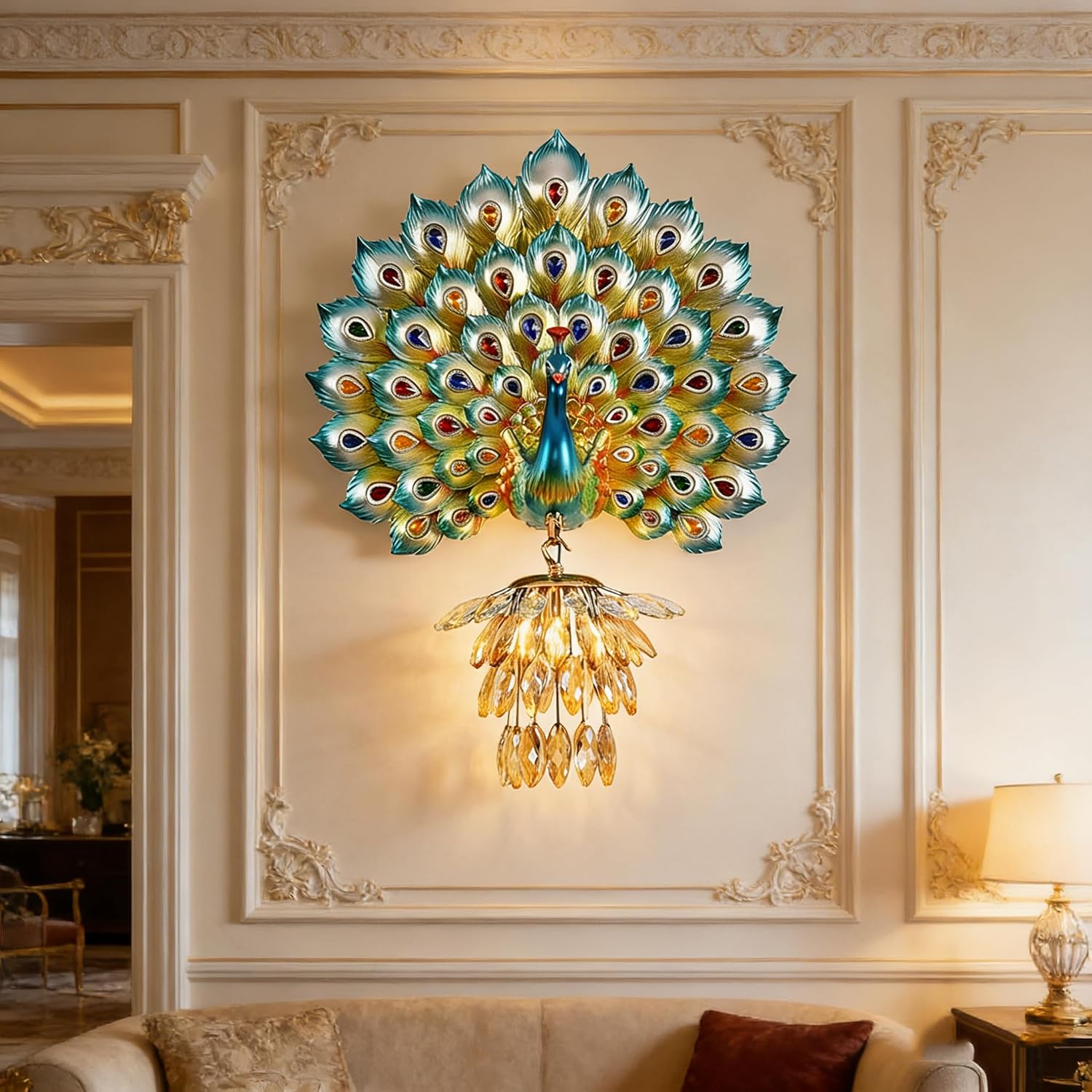 Modern Large Wall Sconce Crystal Glass Wall Mouunt Light Blue Resin Peacock Decorative Light E26 15.7' Wall Light Fixture for Bedroom Living Room Dining Room Hallway