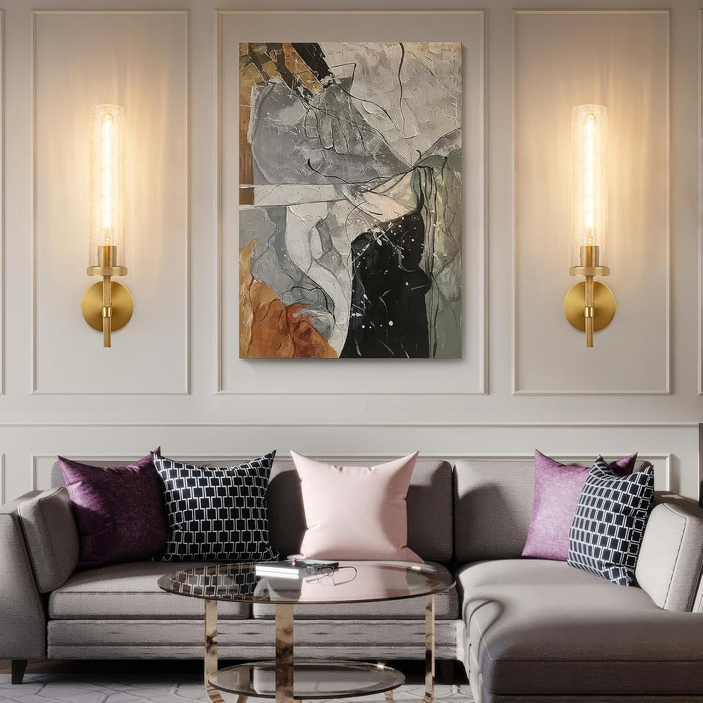 19.5' Knurled Brass Wall Sconce with Crackle Glass Tube, Gold Bathroom Vanity Light Fixtures, Modern Lamp Lighting for Bedroom, Living Room, Hallway, Staircase, Mirror, Kitchen