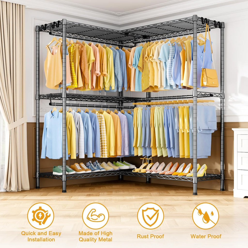 ULIFHOME E15 Pro Garment Rack L Shaped Clothes Rack for Corner，Freestanding Clothing Racks for Hanging Clothes，Heavy Duty Closet System with 4 Hanging Rods & 8 S Hooks，48.8'W x 15.8'D x 78.4'H，Grey
