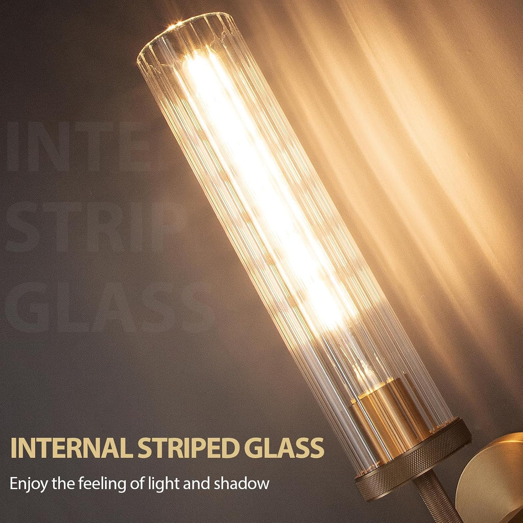 19.5' Knurled Brass Wall Sconces Set of 2, Gold Bathroom Vanity Light Fixtures with Vertical Striped Glass Tube, Modern Lamp Lighting for Bedroom, Living Room, Hallway, Staircase, Mirror, Kitchen