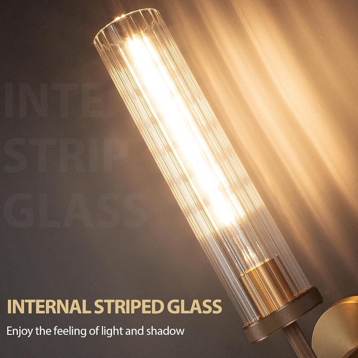 19.5' Knurled Brass Wall Sconces Set of 2, Gold Bathroom Vanity Light Fixtures with Vertical Striped Glass Tube, Modern Lamp Lighting for Bedroom, Living Room, Hallway, Staircase, Mirror, Kitchen