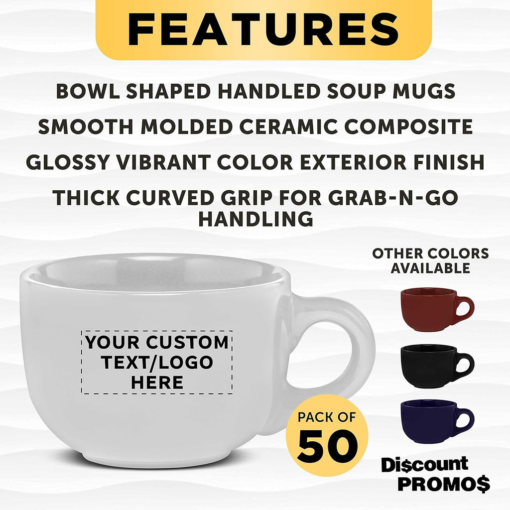 Custom Ceramic Cappuccino Mugs 18 oz. Set of 50, Personalized Bulk Pack - Perfect for Coffee, Tea, Espresso, Hot Cocoa, Other Beverages - White