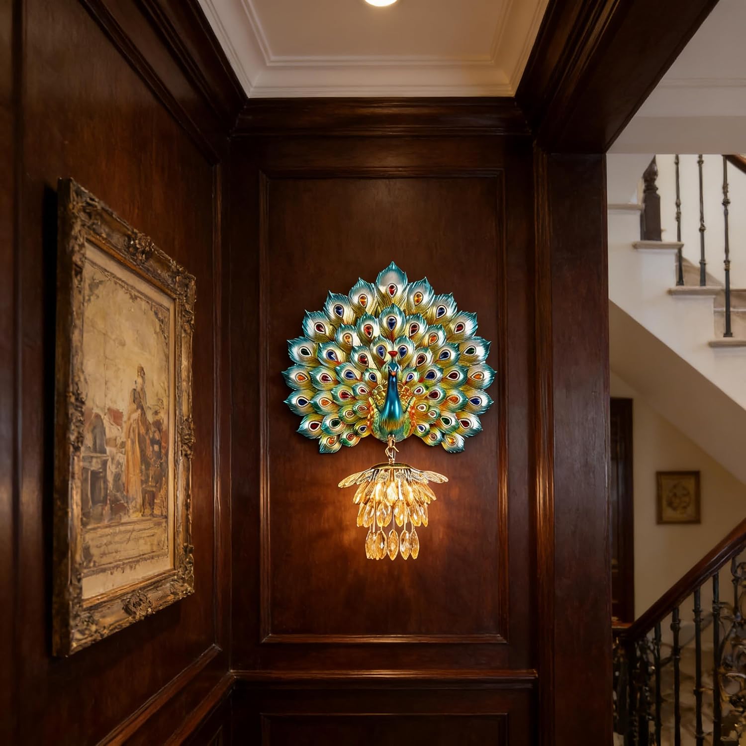 Modern Large Wall Sconce Crystal Glass Wall Mouunt Light Blue Resin Peacock Decorative Light E26 15.7' Wall Light Fixture for Bedroom Living Room Dining Room Hallway
