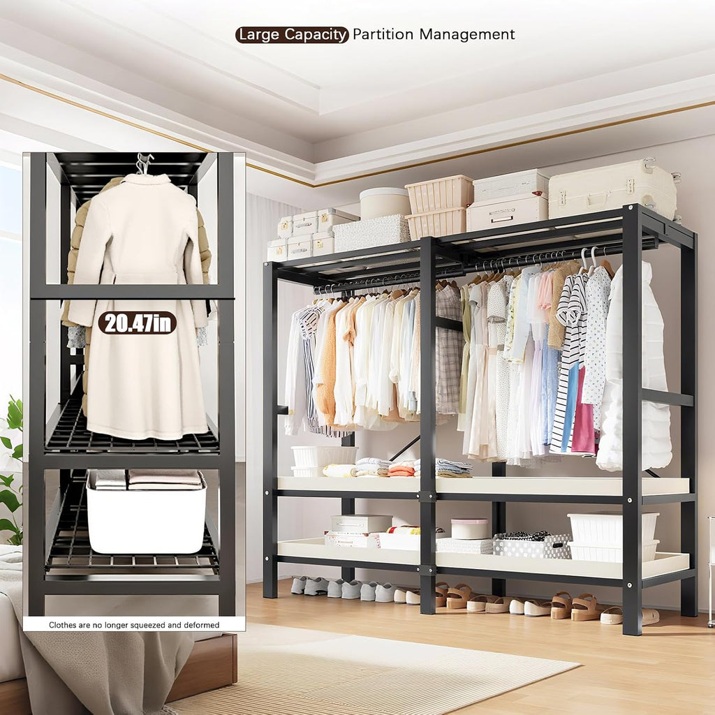 Foldable Portable Armoire Wardrobe Closet for Hanging Clothes Rack, Heavy Duty Covered Clothes Rack with Cover(HARDBOARD Magnetic), Closet Garment Rack for Bedroom Storage (KT Off-white, 70.86in)