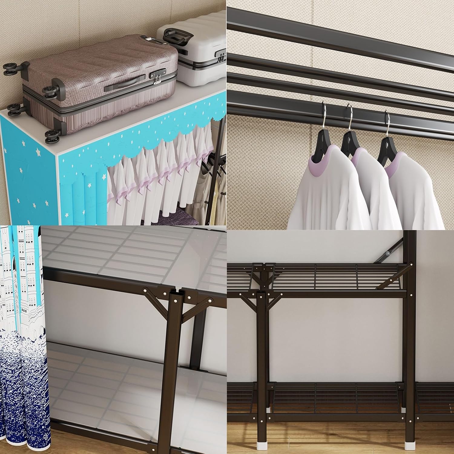 Portable Wardrobe Closet with Cover Metal Garment Rack for Hanging Clothes with 3 Hanging Rods and 4 Storage Shelves for Bedroom