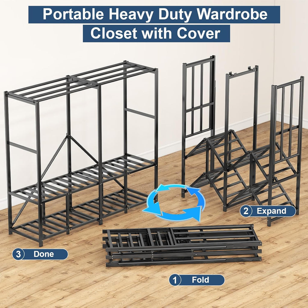 Heavy Duty Foldable Portable Wardrobe with Cover, Black Gray, 59.1' L x 70.9' H x 20.5' W, Freestanding Storage Clothes Rack for Bedroom