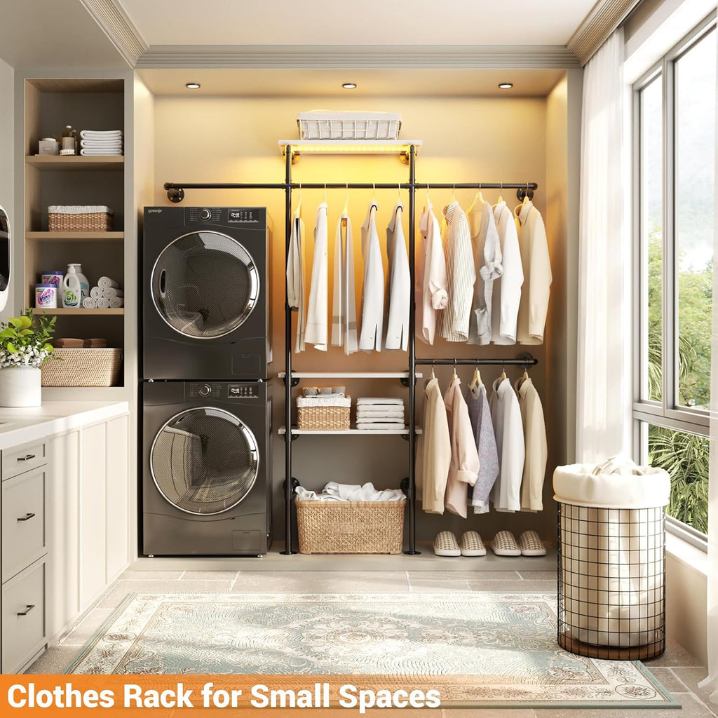 Cyclysio Industrial Pipe Clothing Rack, Reversible 7.25FT Wall Mounted Clothes Rack, Heavy Duty Garment Racks Closet Wardrobe with LED Lights& Shelves, Walk-in Closet System, White