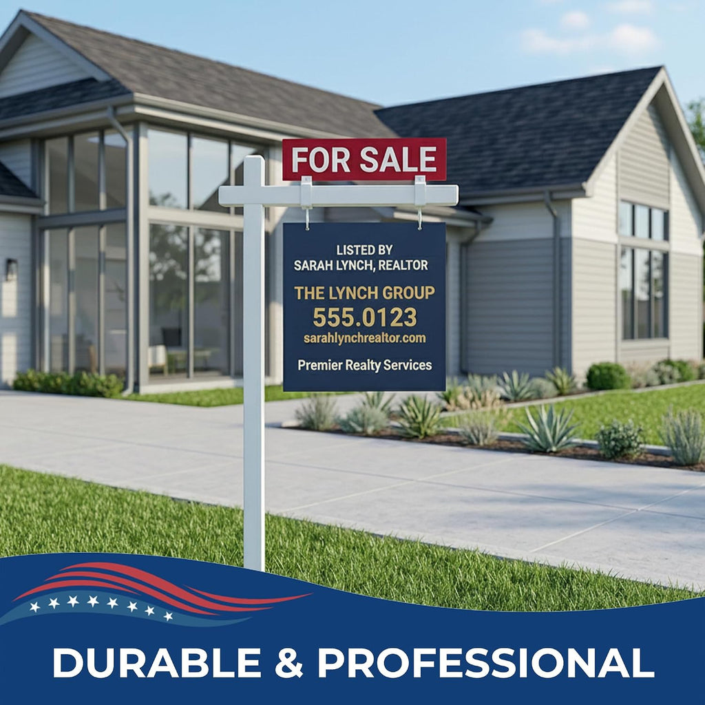 Custom Real Estate Sign Post By DC – Yard Sign Holder with Hanging Panel and Stake | Outdoor Sign Post for Business Advertising, For Sale and Open House Signs | Made in USA