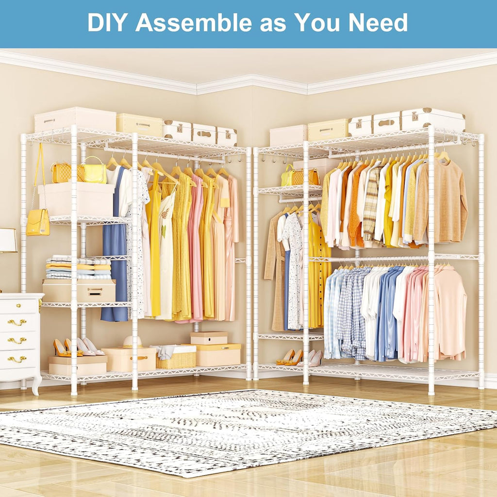 Ulif F7 Garment Rack, Heavy Duty Clothes Rack, Clothing Racks for Hanging Clothes, 6-Tiers Freestanding Portable Closet Storage Rack 58'' W × 14.6'' D × 76.6'' H, Max Load 800 Lbs, White