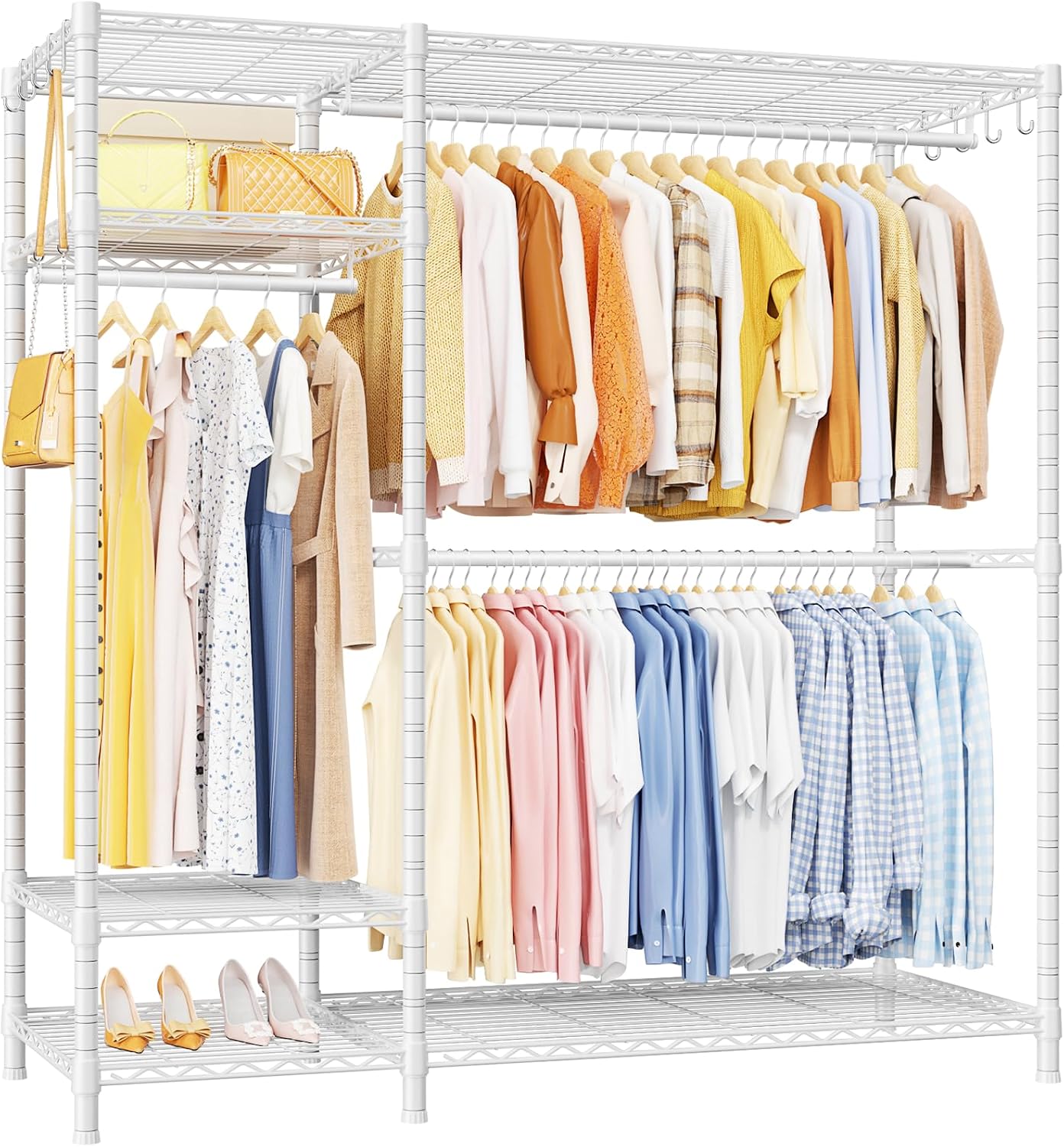 Ulif F7 Garment Rack, Heavy Duty Clothes Rack, Clothing Racks for Hanging Clothes, 6-Tiers Freestanding Portable Closet Storage Rack 58'' W × 14.6'' D × 76.6'' H, Max Load 800 Lbs, White