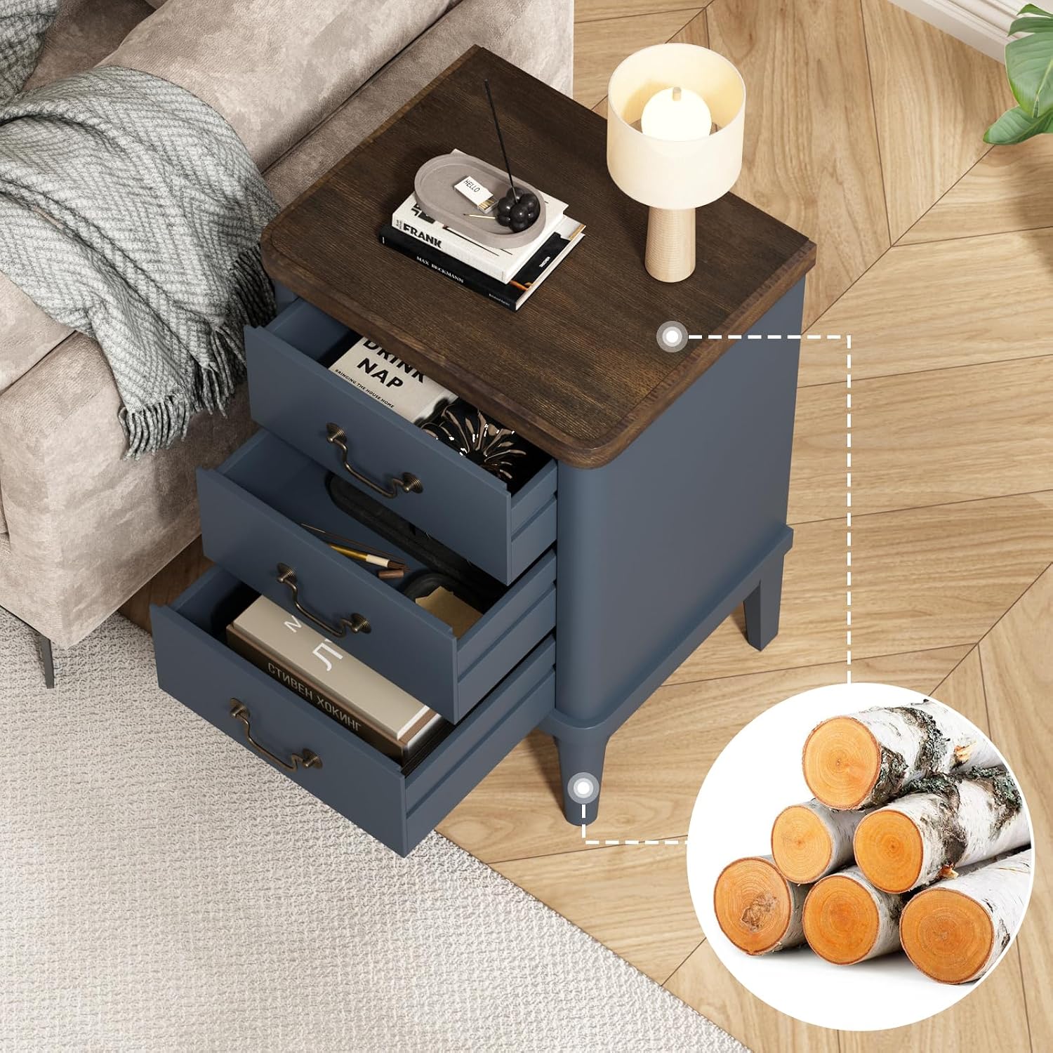 Wnutrees Farmhouse Nightstand with 3 Drawers，Modern Bedside Table with Round Curved Corner and Metal Handles, Wood End Side Table for Living Room, Hallway, Blue Set of 2