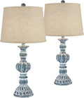 Regency Hill Tanya Country Cottage Core Traditional Style Table Lamps 26.5' High Set of 2 Blue Wash Resin Burlap Linen Drum Shade Decor for Living Room Bedroom House Bedside Nightstand Home