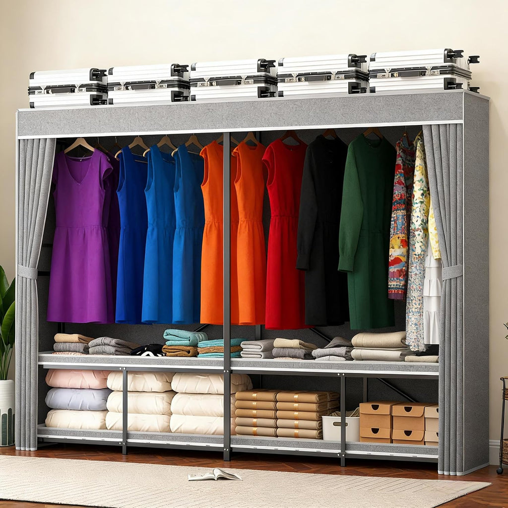 Foldable Heavy Duty Portable Closet with Cover, Freestanding Storage Garment Rack for Bedroom, Clothes Rack for Hanging Clothes Armoire Wardrobe Closet System, 70.9x70.9x20.5 Inch,Black Grey