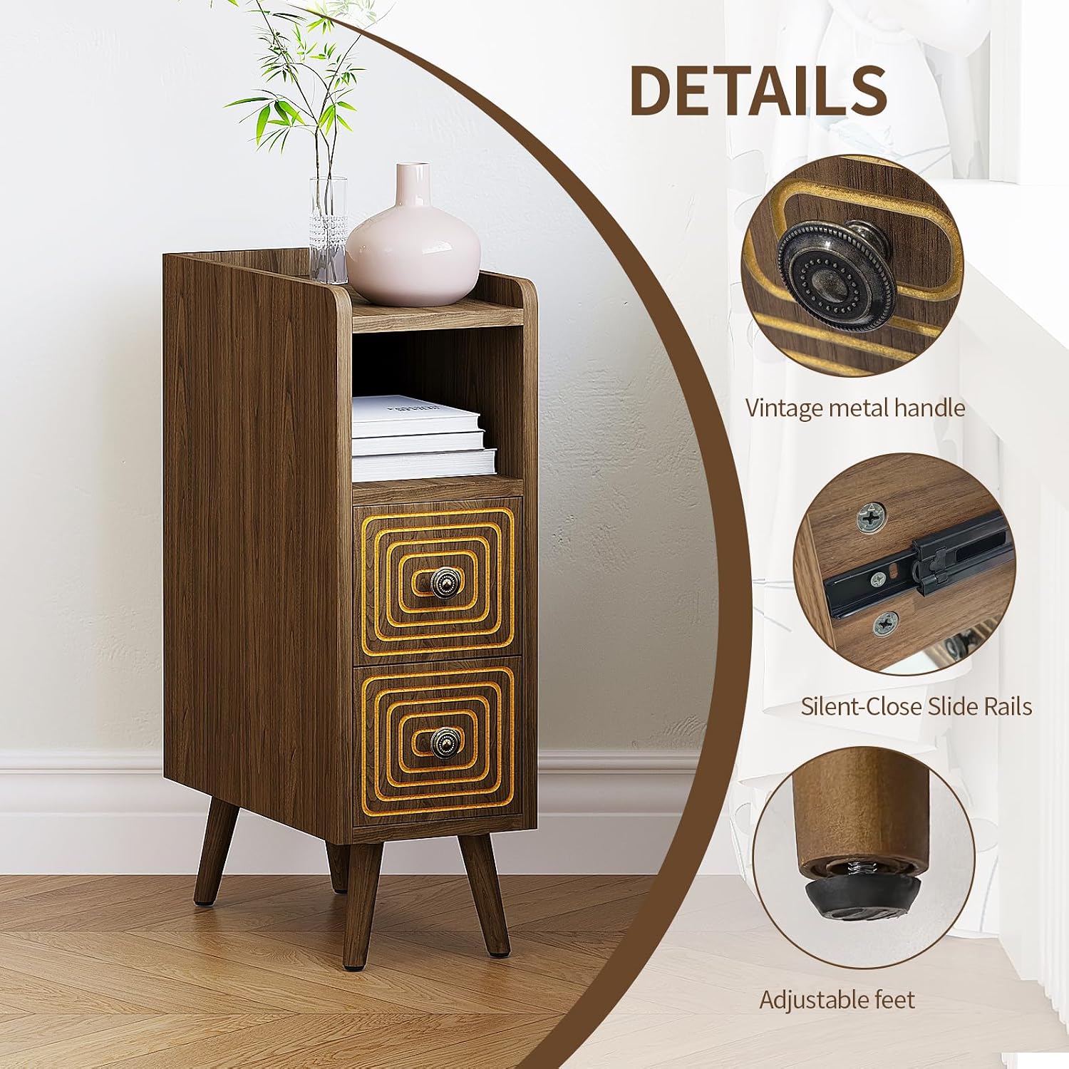 Nightstands Set of 2,Night Stand Bed Side Table with Storage Space,Wooden Bedside Table with Open Shelf,2 Drawers,End Table with Solid Wood Feet for Bedroom,College Dorm,Entryway (Walnut)