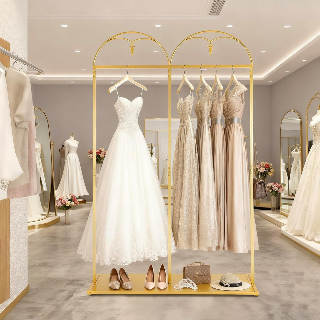 88' Tall Gold Clothing Garment Rack Hanging Long Dresses Racks | Double Rod Bridal Clothes Wedding Dress Rack Gown Shoes Bags Clothes Organizer for Home Boutique Retail Studio