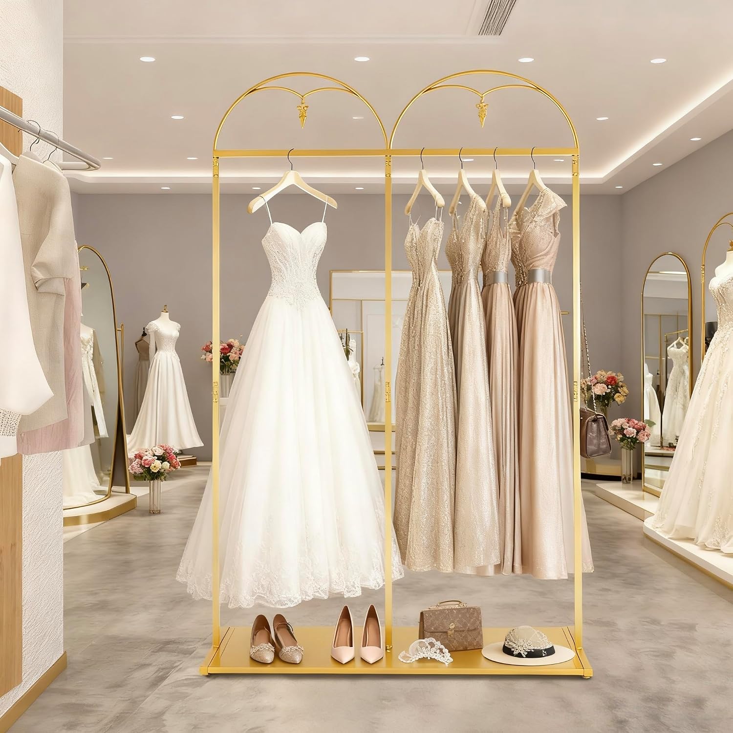 88' Tall Gold Clothing Garment Rack Hanging Long Dresses Racks | Double Rod Bridal Clothes Wedding Dress Rack Gown Shoes Bags Clothes Organizer for Home Boutique Retail Studio