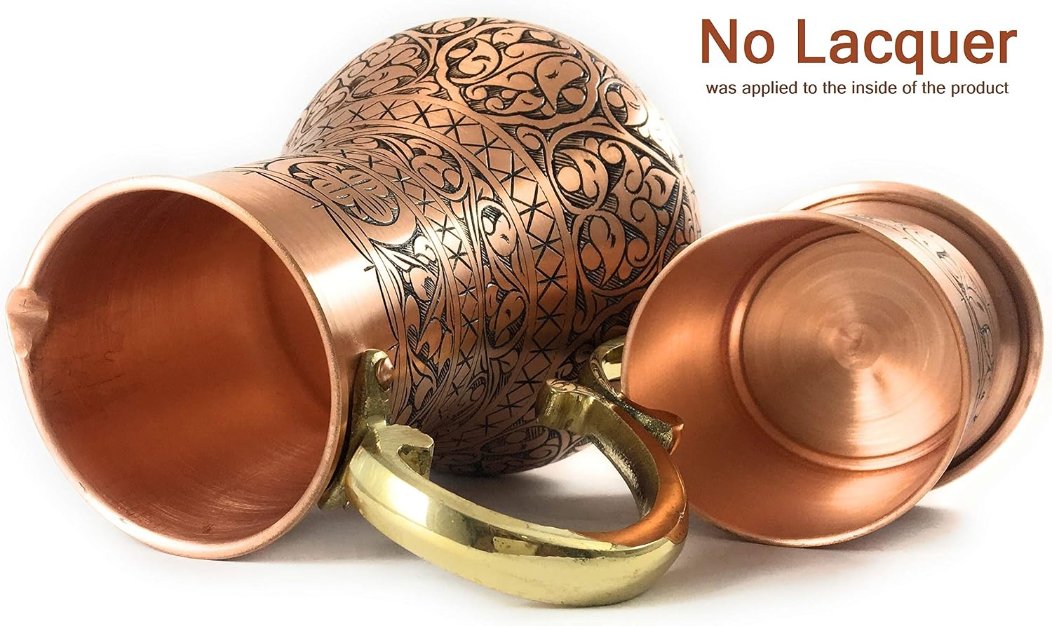 KS Series - Copper Pitcher (45 oz) and Cup (7.7 oz) Set, Moscow Mule Water Jug, Ice Tea and Juice Beverage, Desktop/Bedside Night Water Carafe, Ayurvedic Decanter (Engraved-Matte)