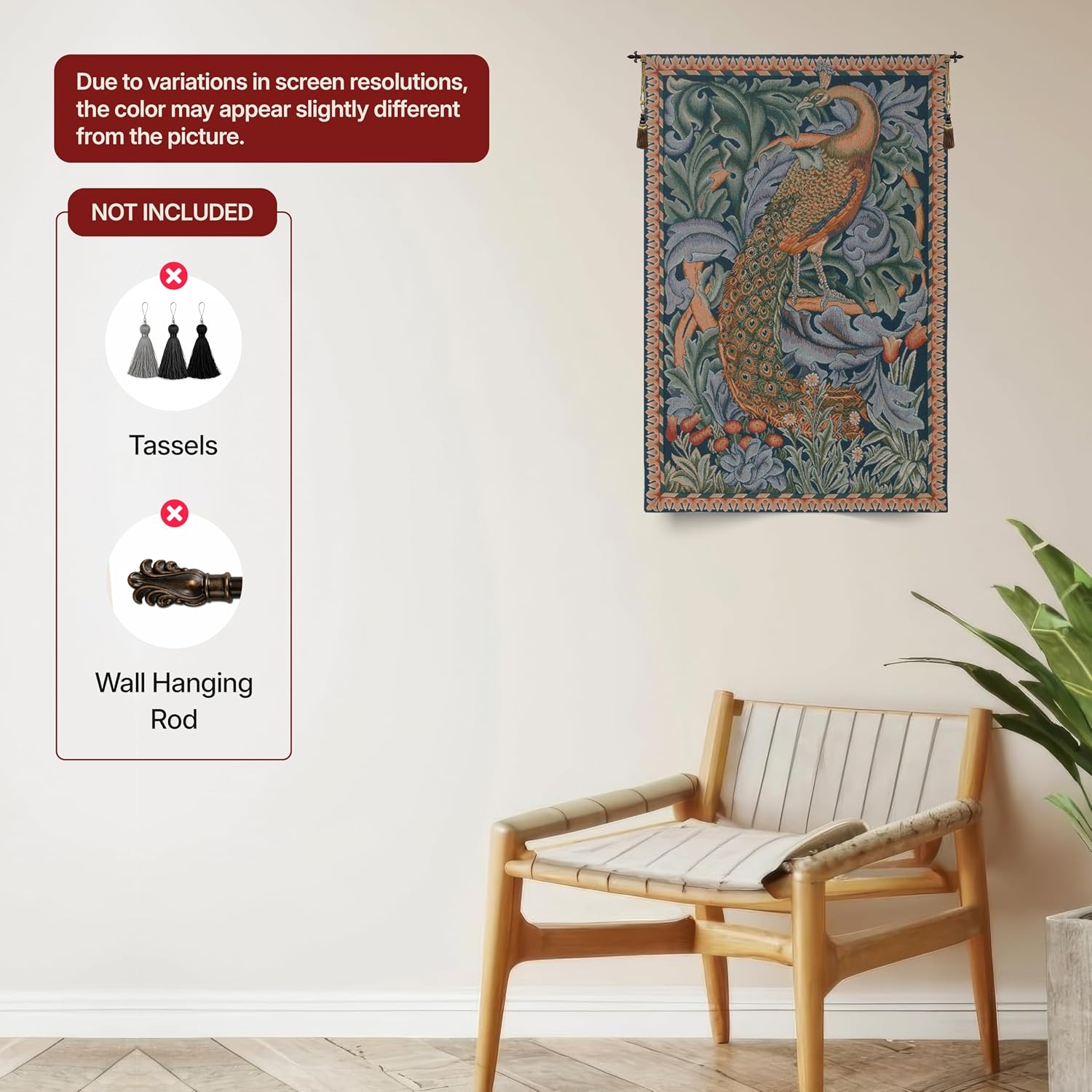 Charlotte Home Furnishings Inc French Boho Tapestry Wall Hanging 29 x 19 in, Peacock Aesthetic Woven Wall Art decor for Living Room Home Decor, European Cotton Jacquard Woven
