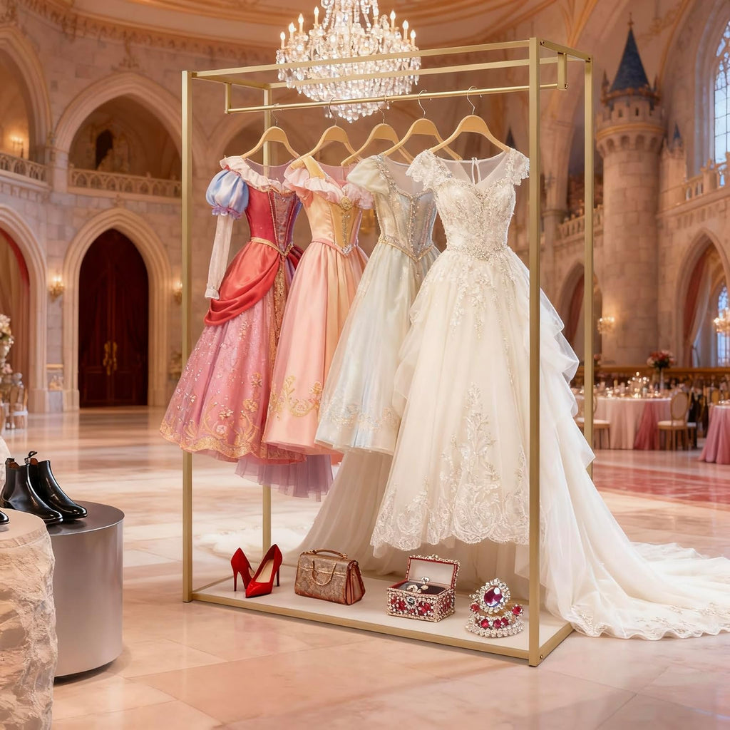 Retail Display Gold Clothing Racks with Shelves, Boutiques Garment Rack Wedding Dress Rack Heavy Duty Commercial Floor Standing for Clothing Store Studio,67 inch
